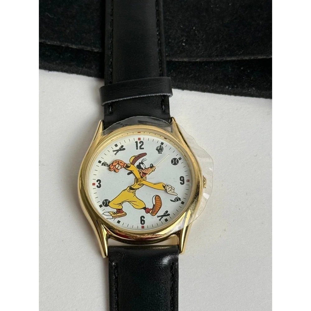 Disney‎ Channel Goofy Special Edition Watch Black Leather Band Gold Tone New